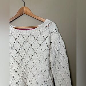 TOMMY HILFIGER ivory crochet open knit sweater sz XL cottagecore chunky Pom Pom